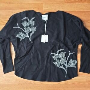 LIV Black Knit Rhinestone Floral Embellished Sweater Long Sleeve Pullover Top S